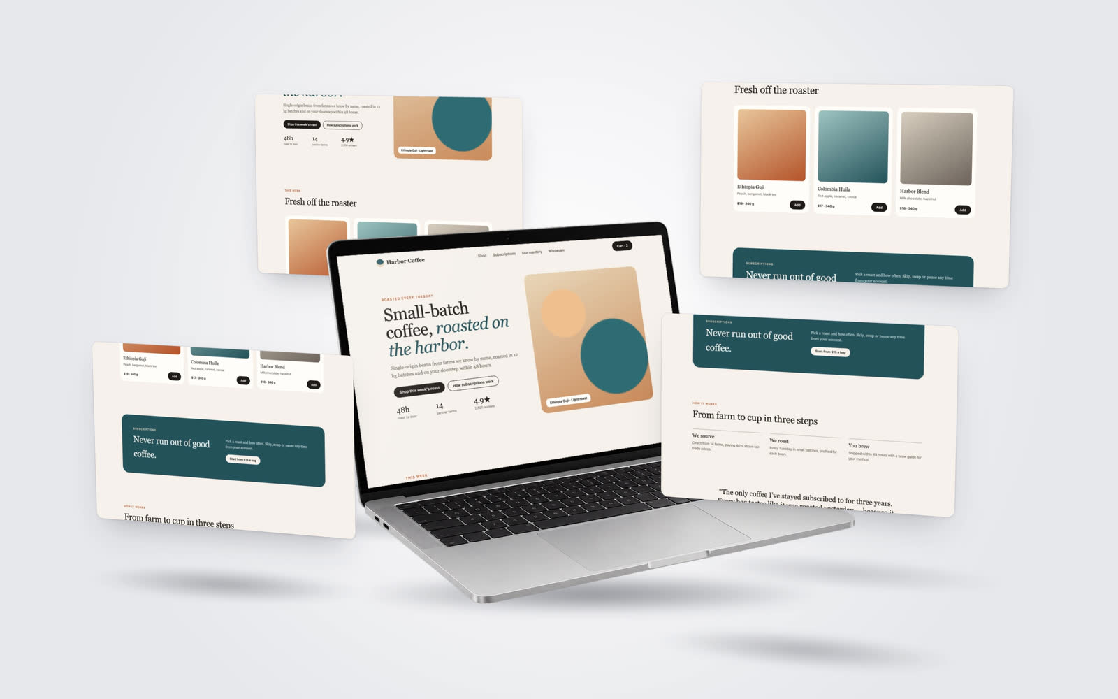 The built-in Harbor Coffee sample exported as a laptop surrounded by floating website pages.